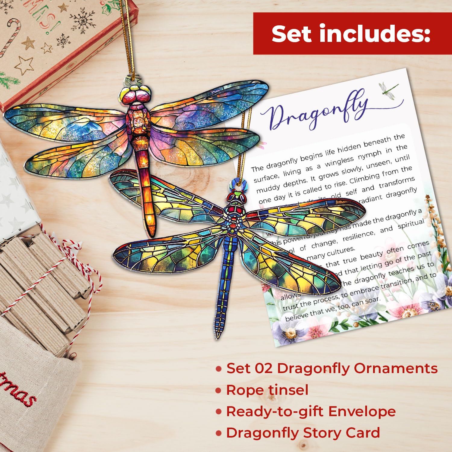 round dragonfly ornament with cathedral mosaic background