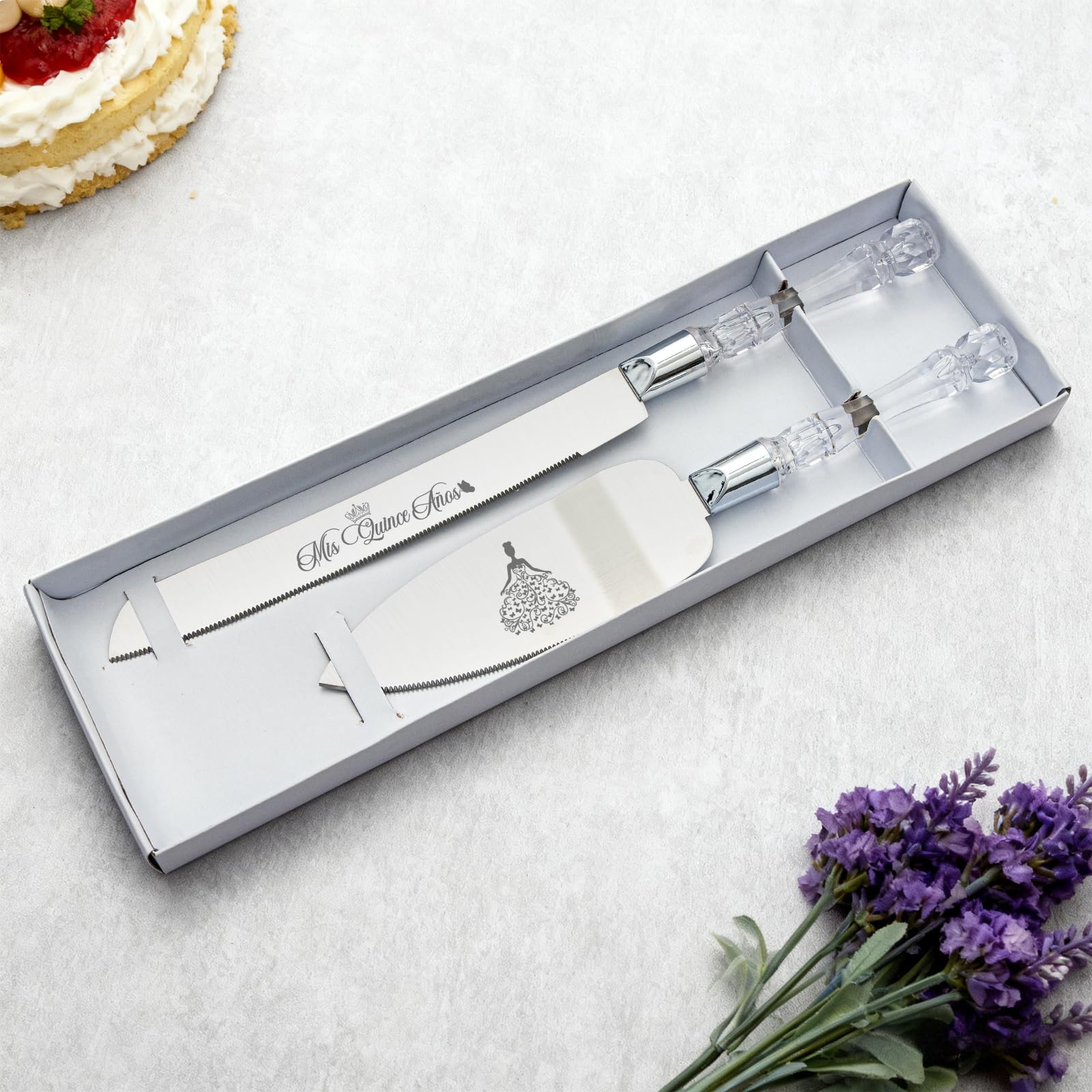 Quinceanera 15th birthday cake serving set silver