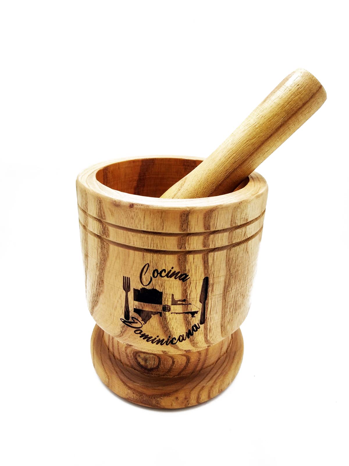 Wood mortar and pestle with Dominican map and flag engraving