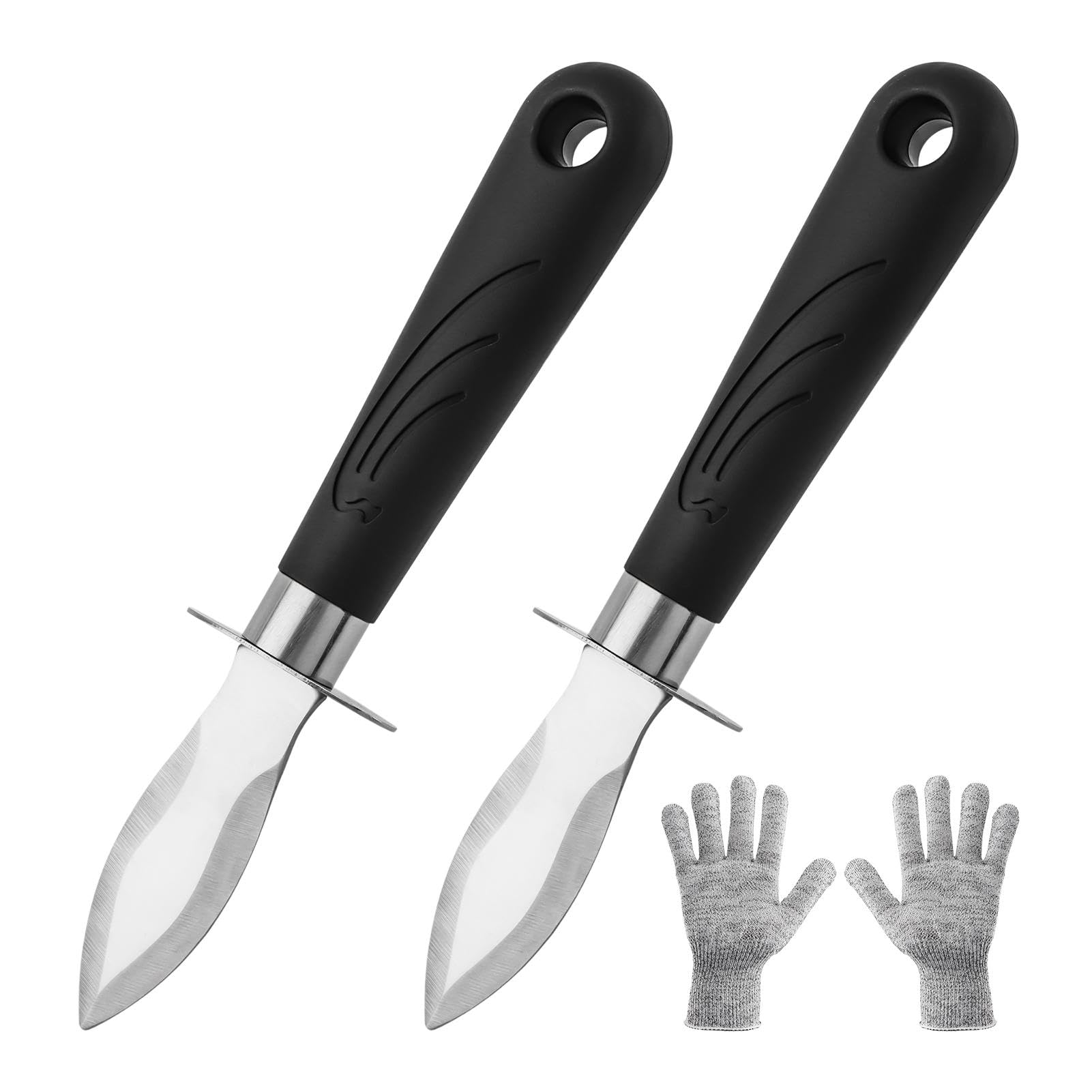 Two-piece oyster knives and cut resistant gloves close up