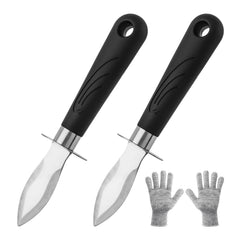 Two-piece oyster knives and cut resistant gloves close up