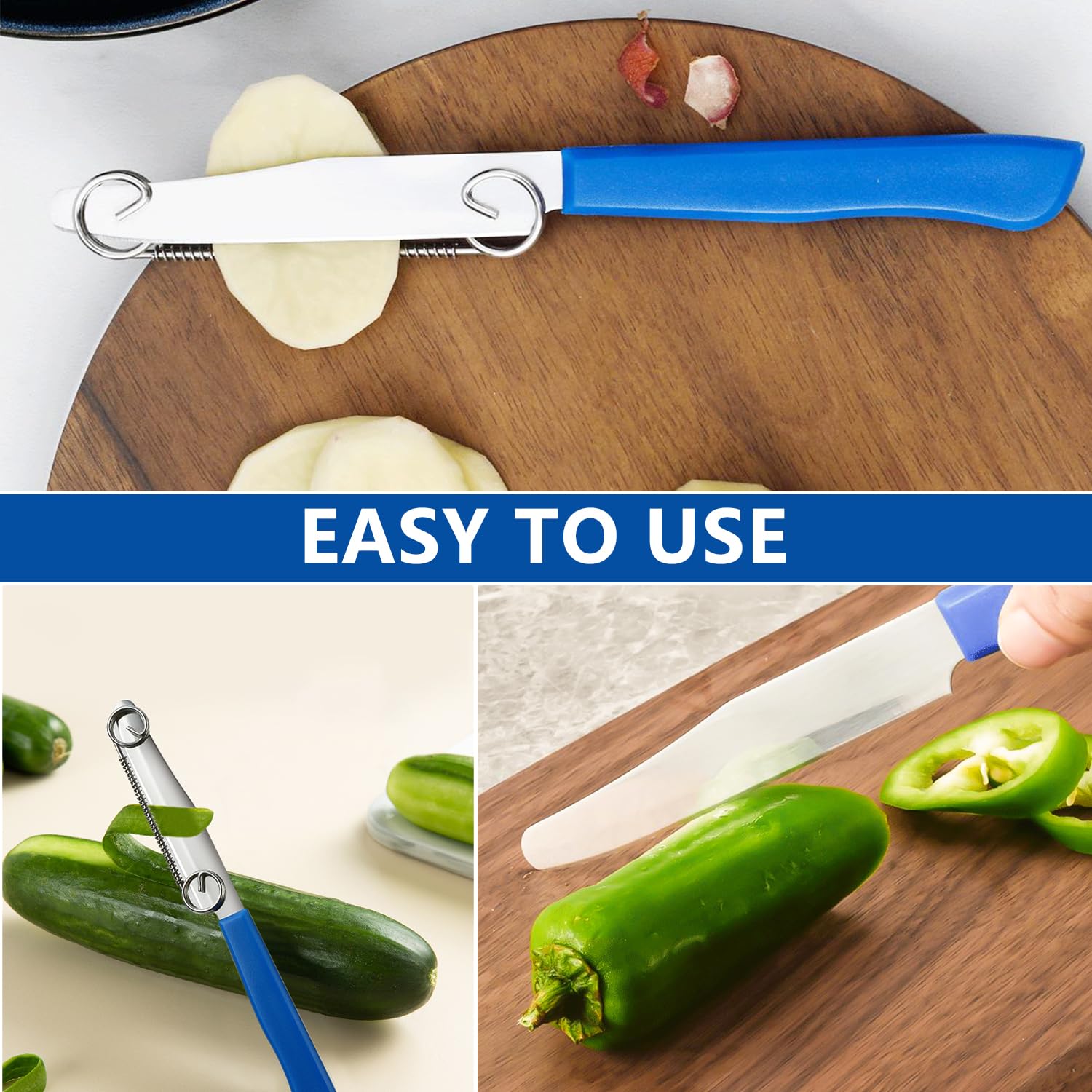 Compact ergonomic handle on 3 in 1 fruit peeling knife