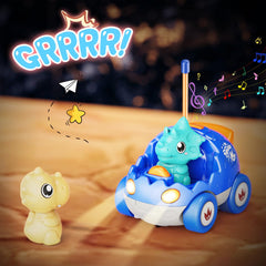 Two independent remotes control the dinosaur cars