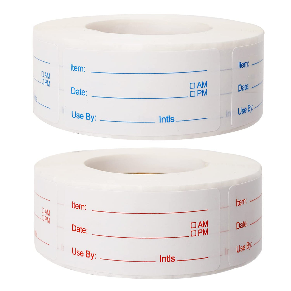 Two rolls blue and red food labels totaling 1000 pieces