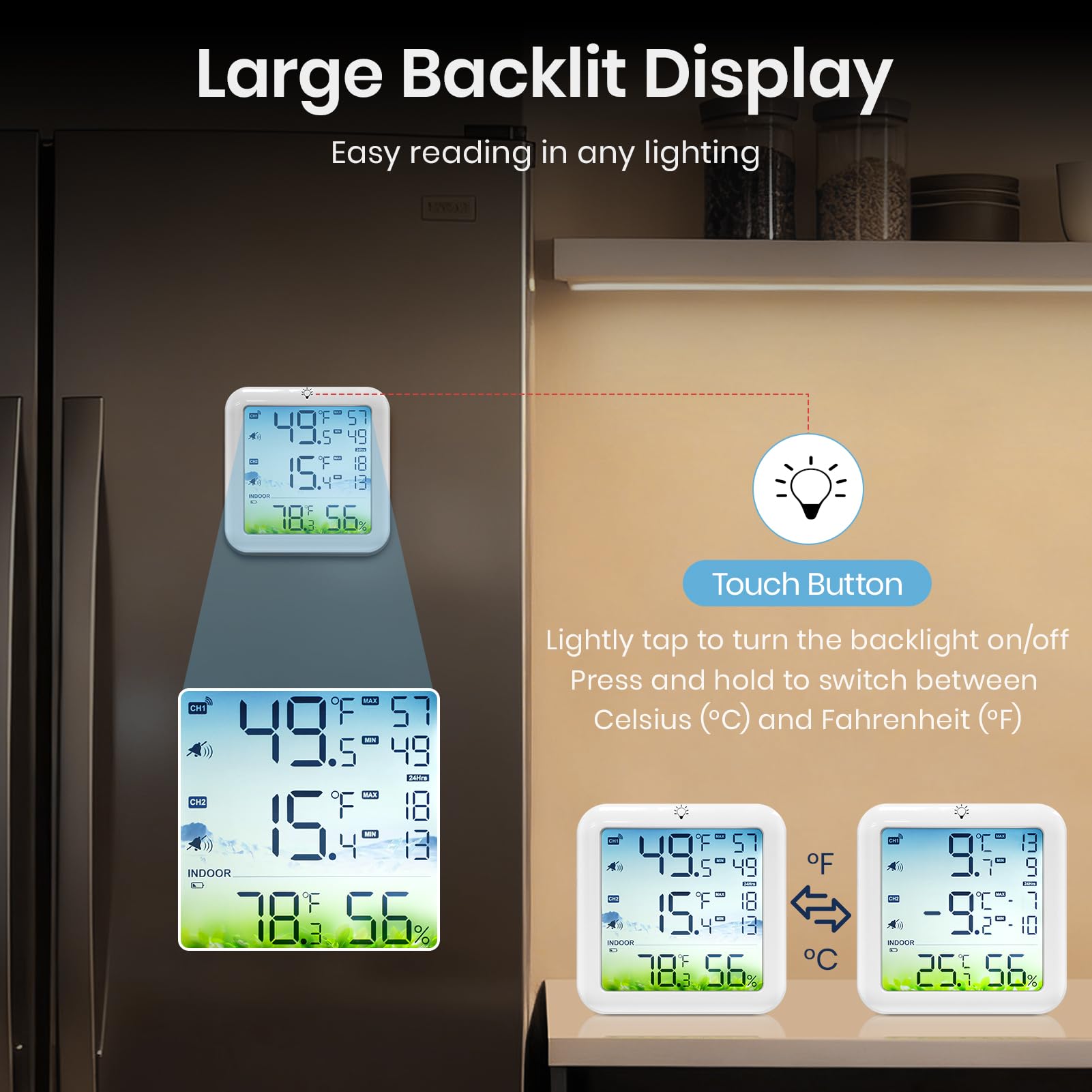 Dual power options backlit thermometer
