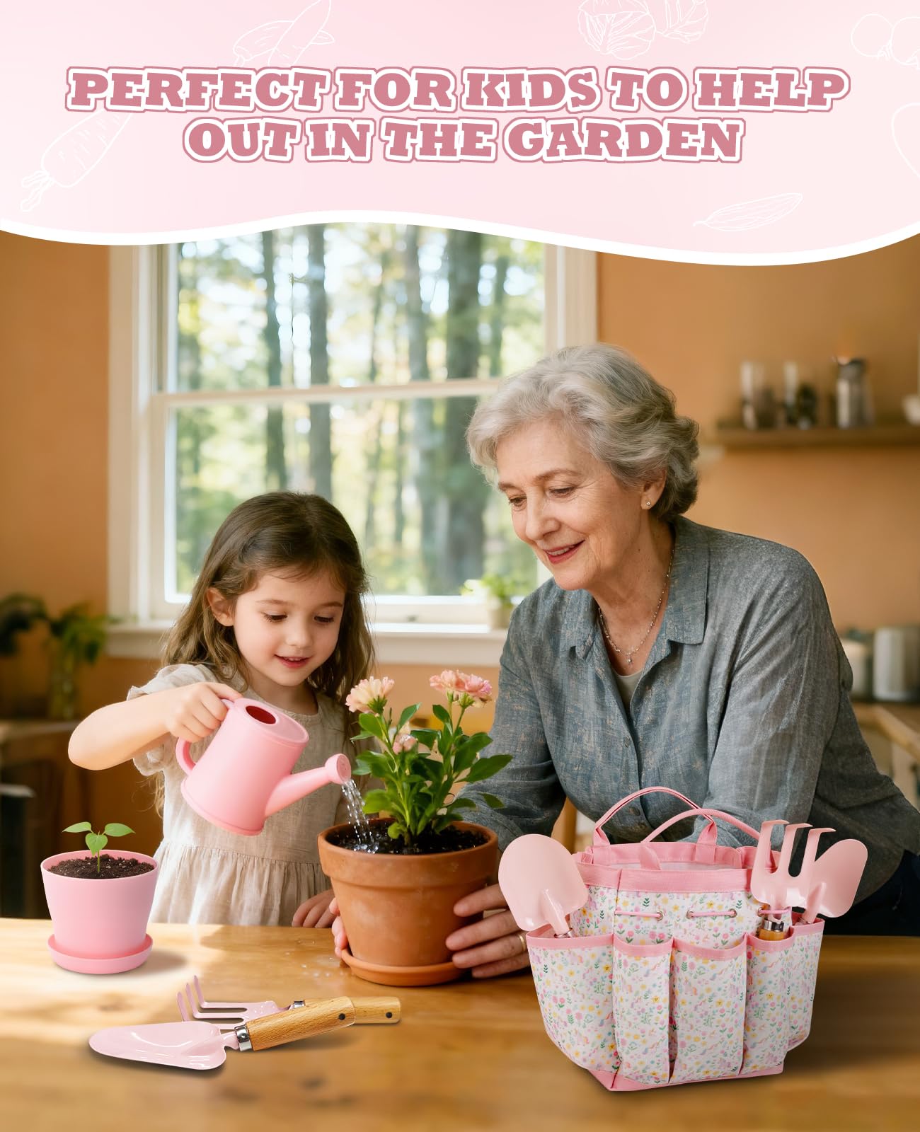 Watering can and tote bag for kids gardening kit