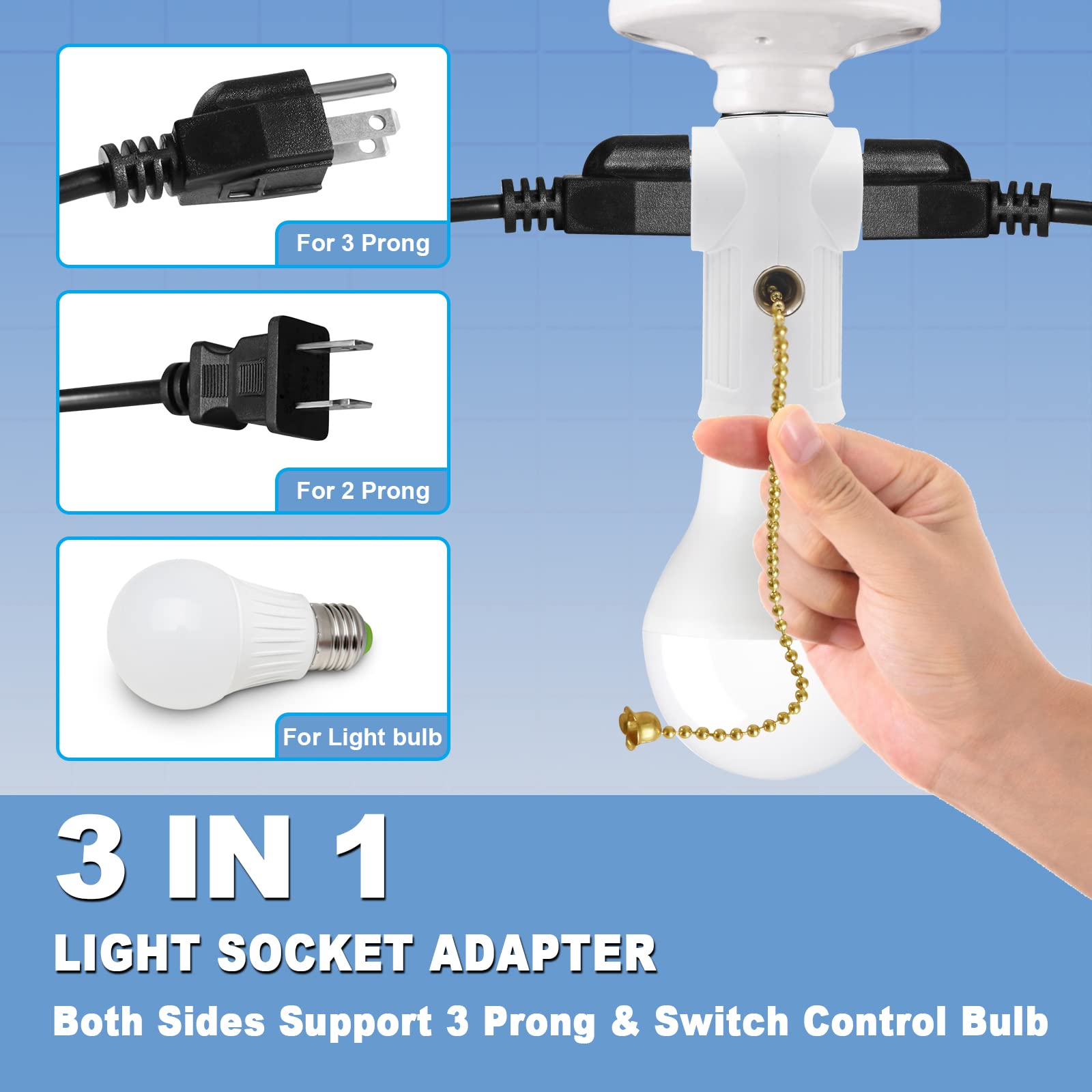 Two-sided 3-prong outlets plus bottom E26/E27 socket on adapter