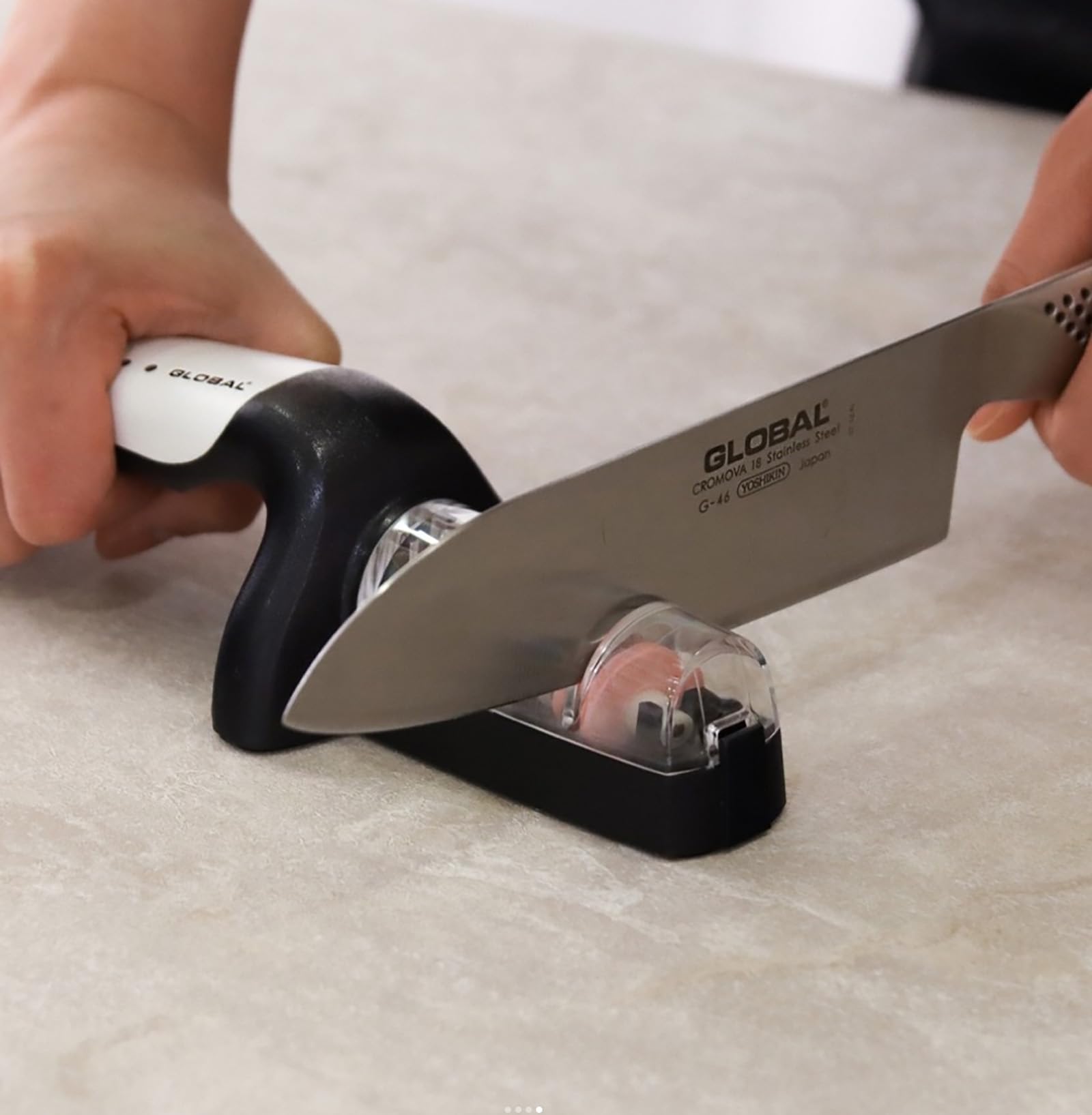 Global two stage knife sharpener handheld fine stage close up