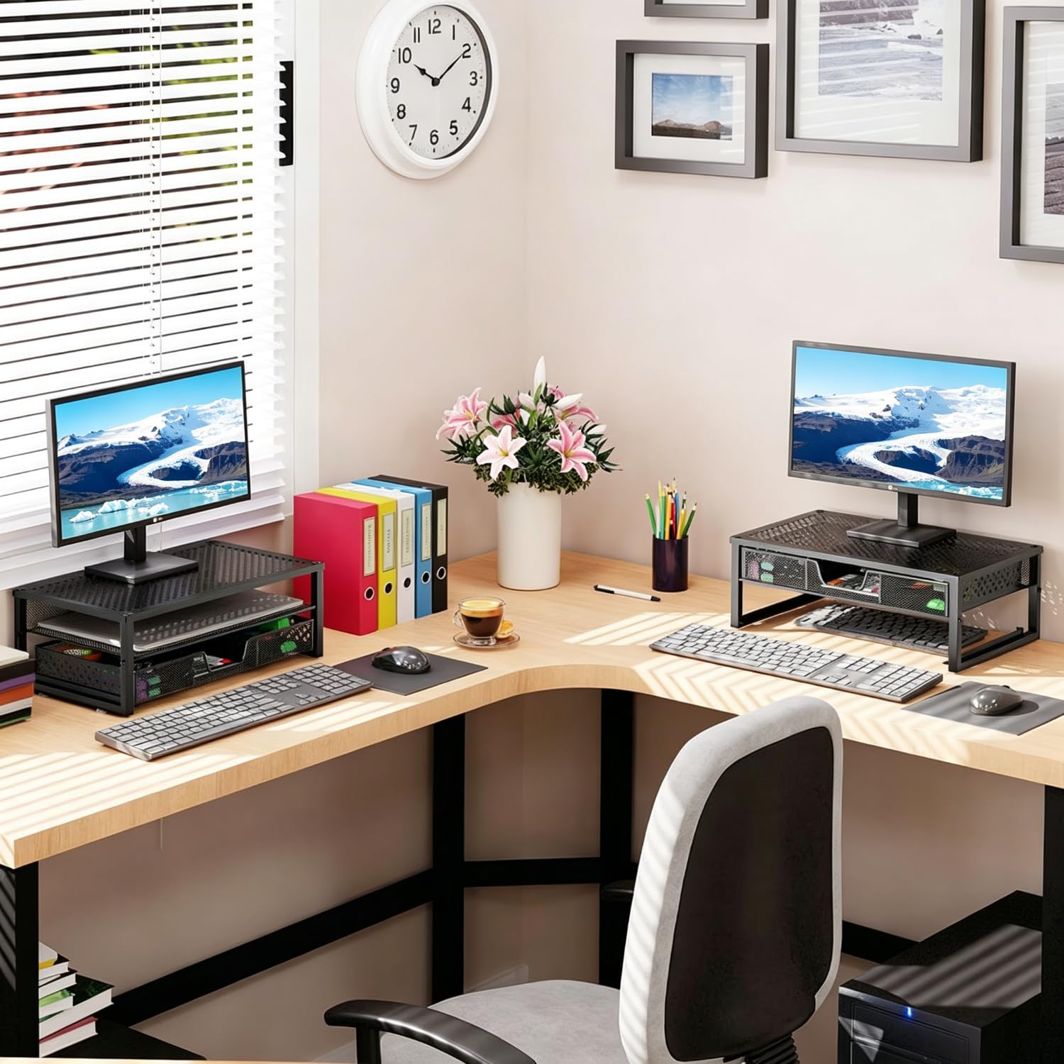 Built-in drawer and bottom tray on monitor stand