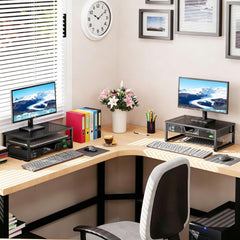 Built-in drawer and bottom tray on monitor stand