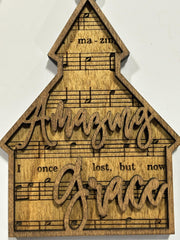 USA made two-tone laser cut wood ornament by family team