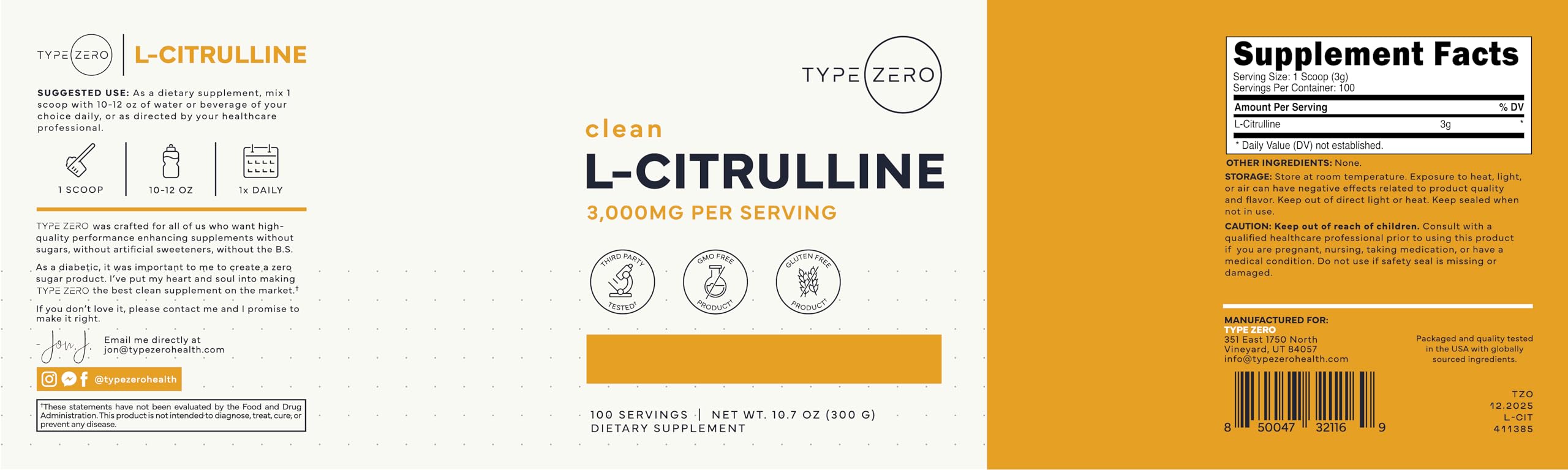Type Zero quality L-Citrulline Powder gluten-free non-GMO label