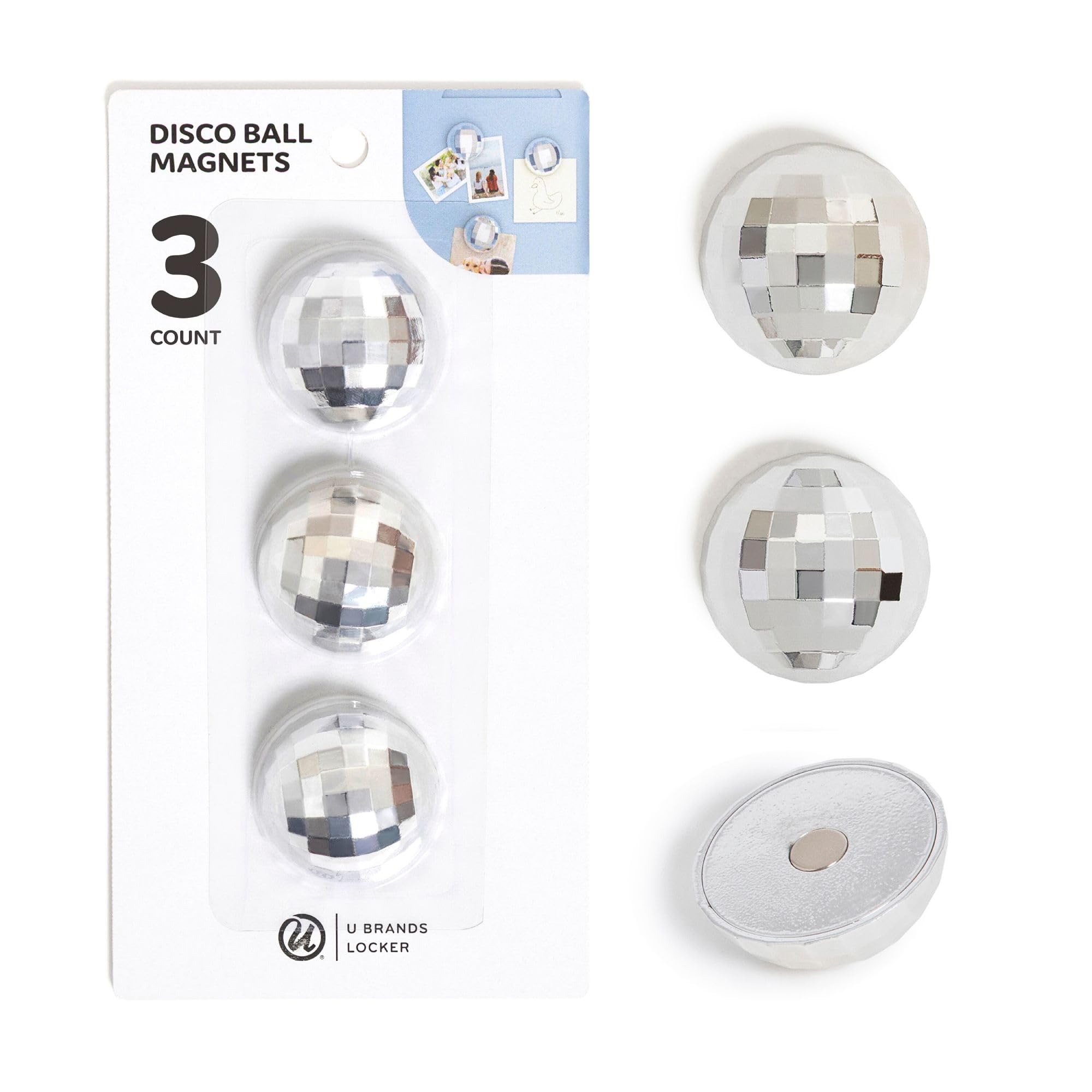 U Brands Disco Ball Locker Magnets silver set of 3 on a locker