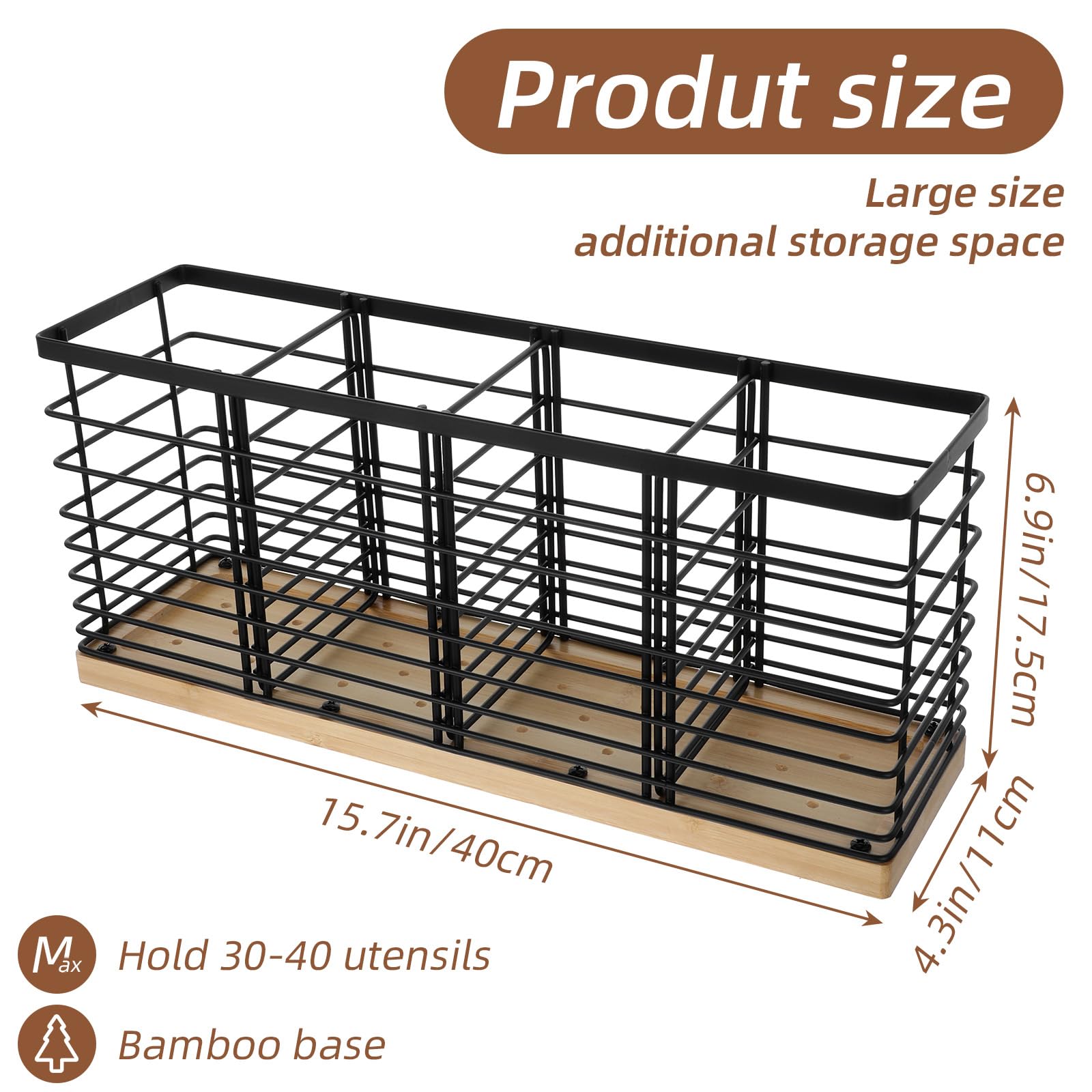 Matte black metal utensil holder with wooden base