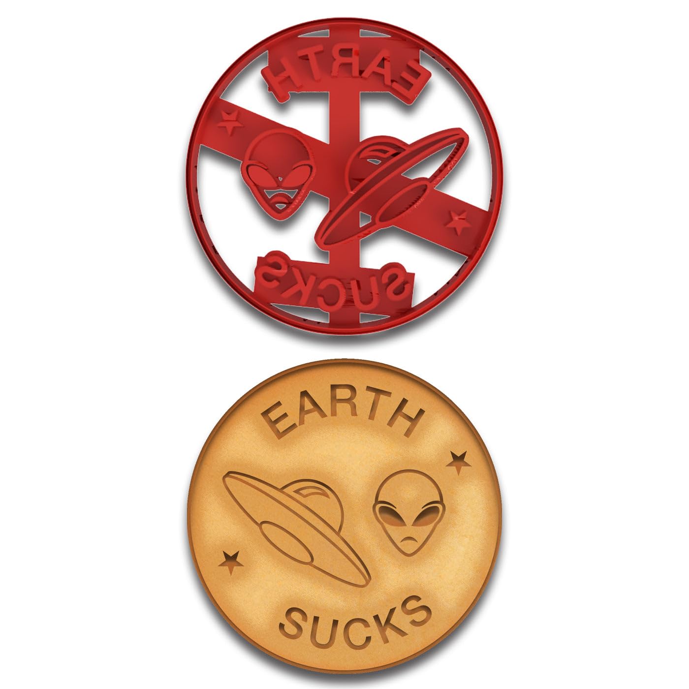 UFO and Alien Cookie Cutter Stamp Earth Sucks design 3.75x3.75 inch mold
