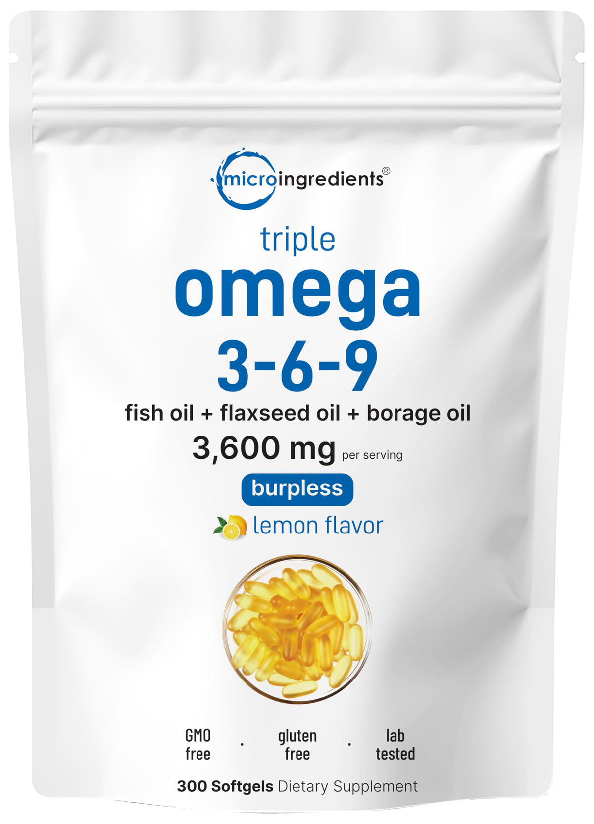 Ultra Omega 3-6-9 lemon flavored burpless softgels packaging