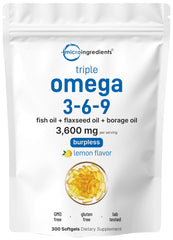 Ultra Omega 3-6-9 lemon flavored burpless softgels packaging