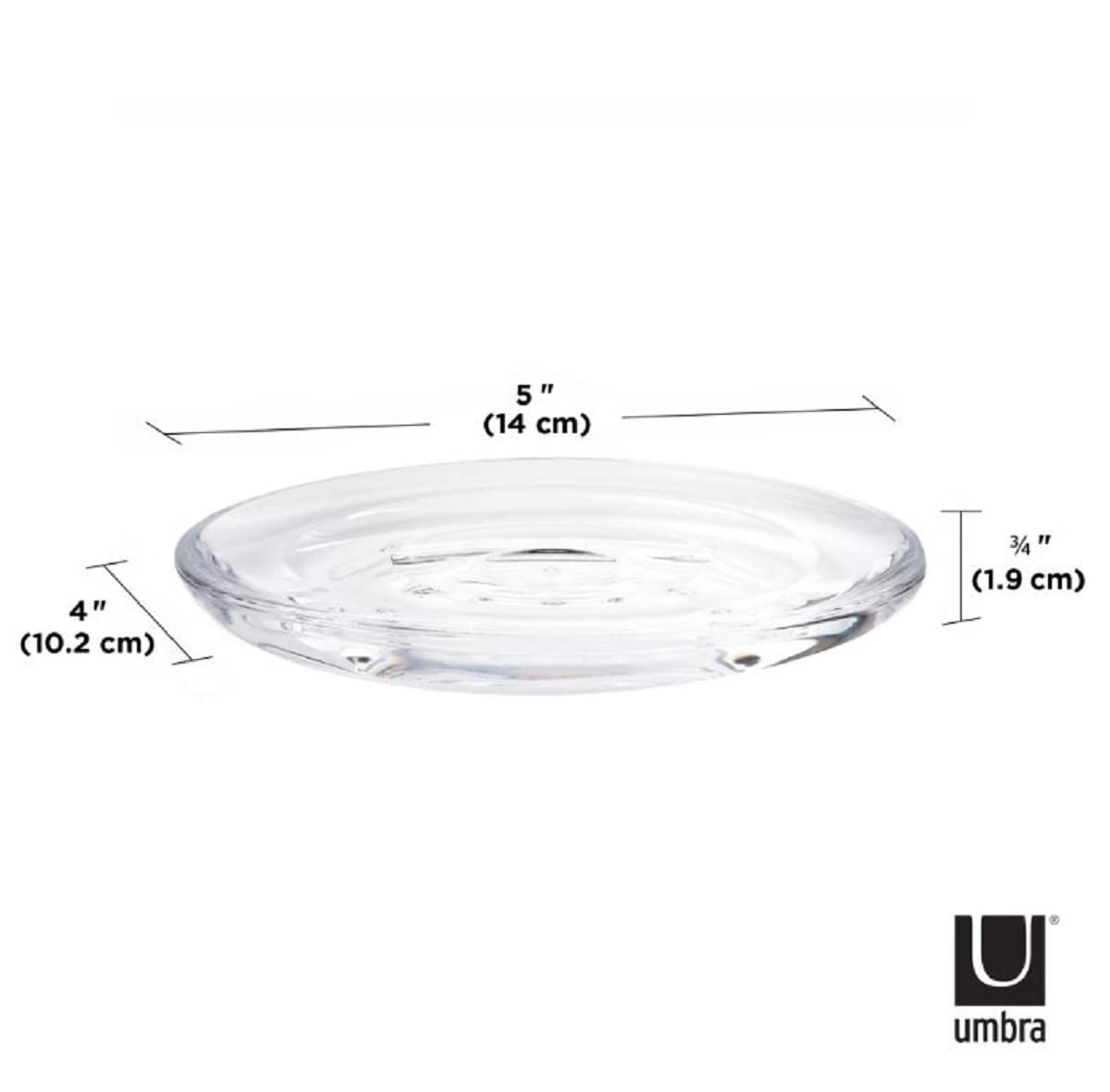 Compact Umbra Droplet soap dish measures about 5.63 x 4 x 0.88 inches