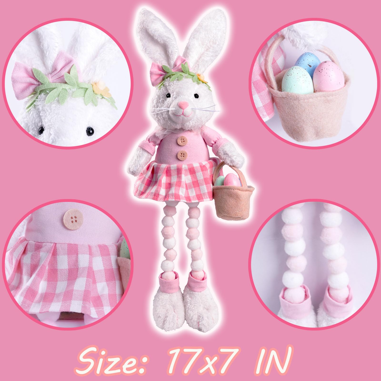 handmade bunny gnomes with plaid skirt and straw hat