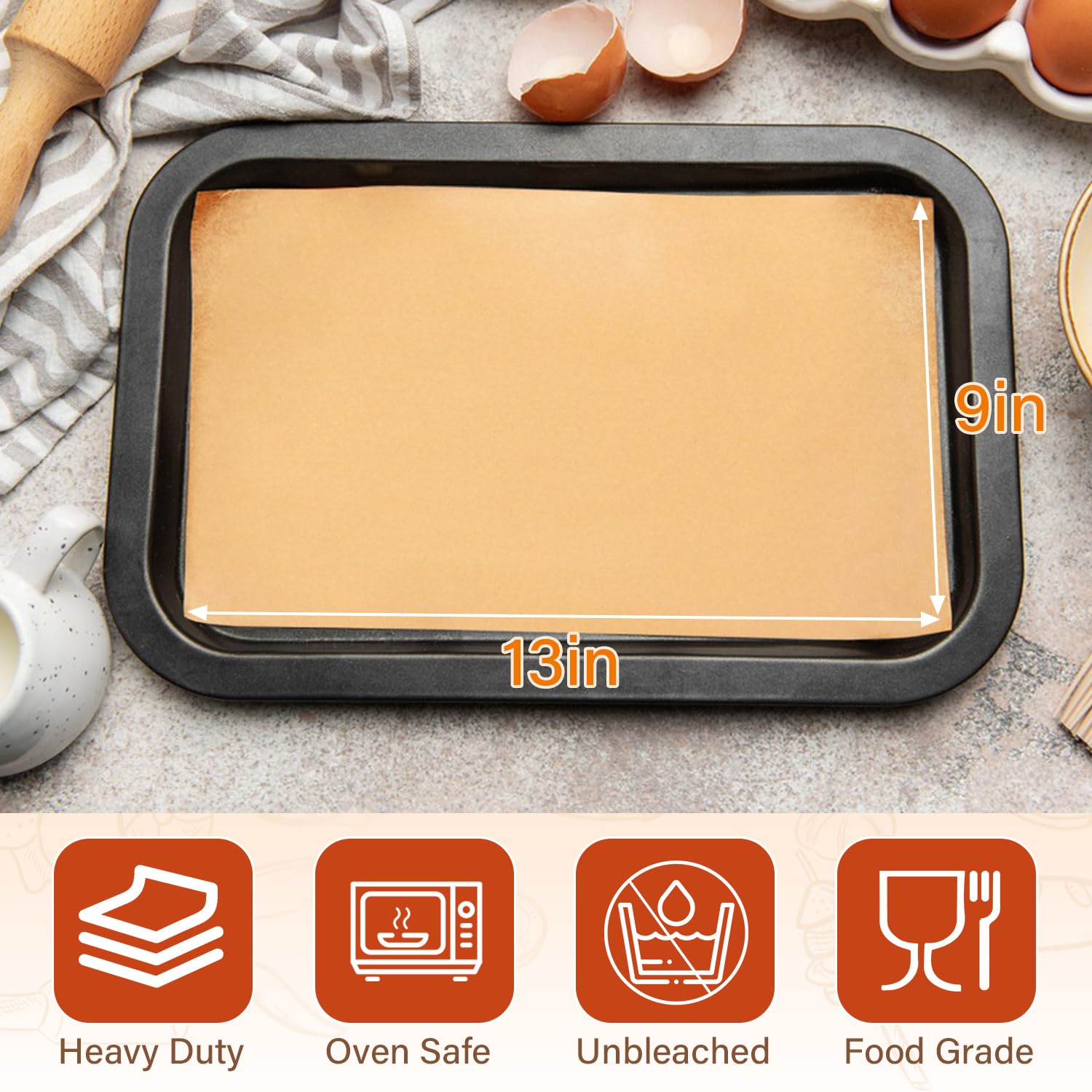 Unbleached parchment paper sheets for baking