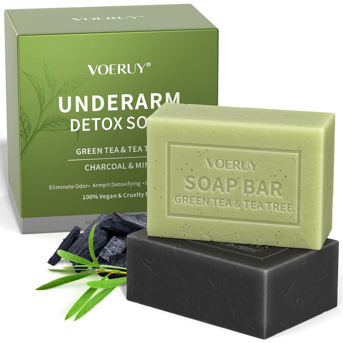 Underarm Detox Soap packaging and green tea soap bar