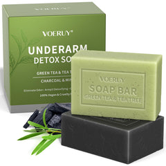 Underarm Detox Soap packaging and green tea soap bar