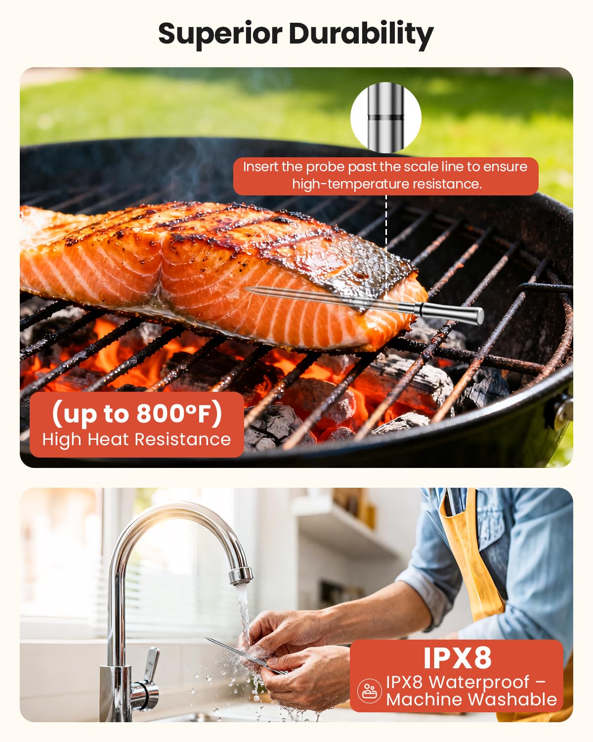 UNERVER dishwasher-safe probe withstands 800°F