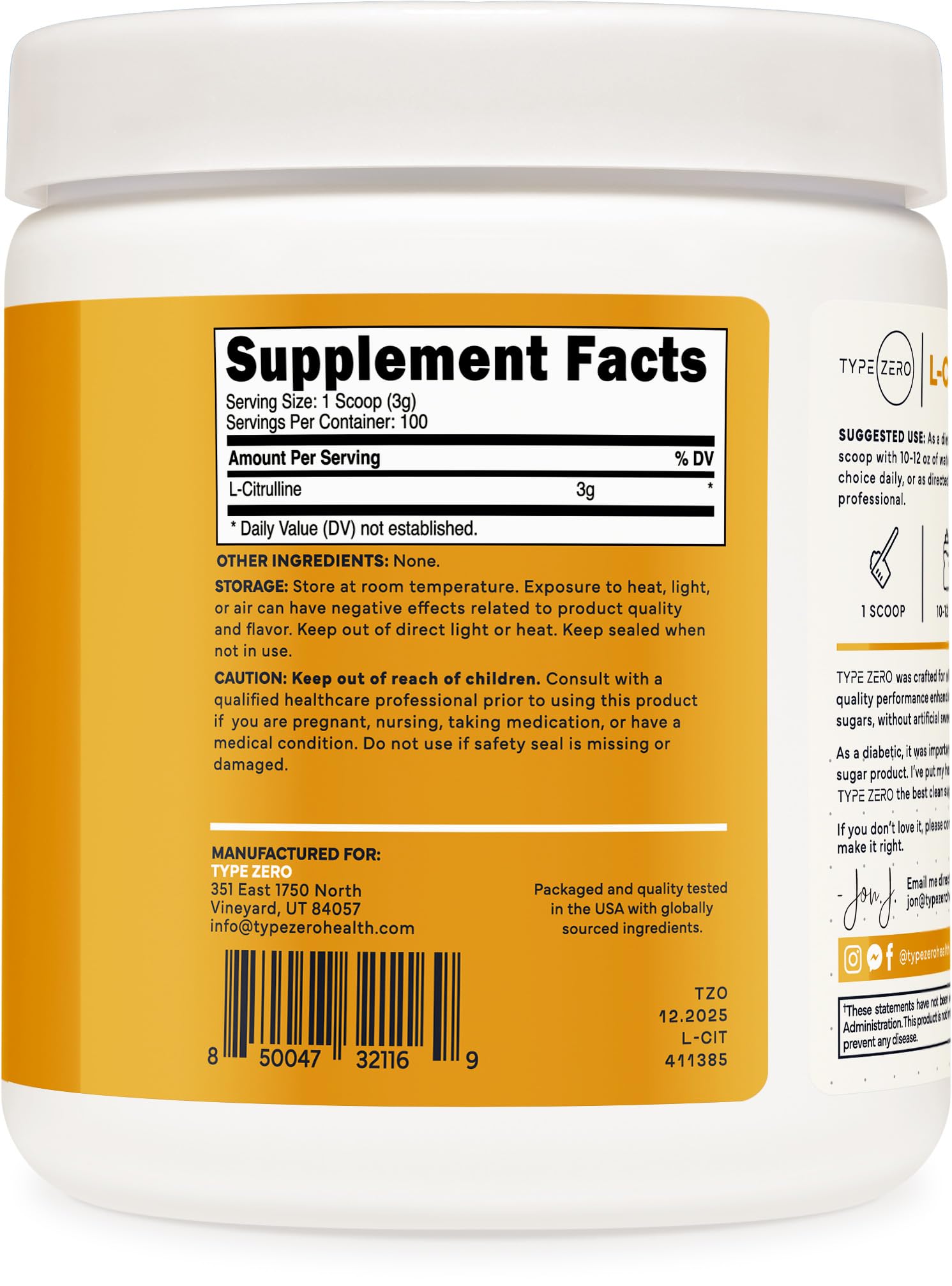 L-Citrulline Powder unflavored 3000mg bulk container