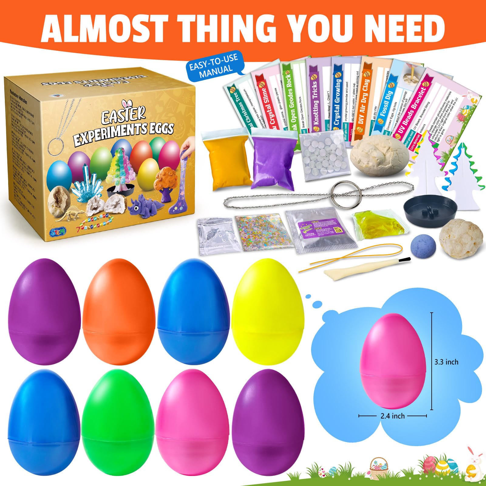 Easter egg shaped science kit by UNGLINGA showing 8 egg kits