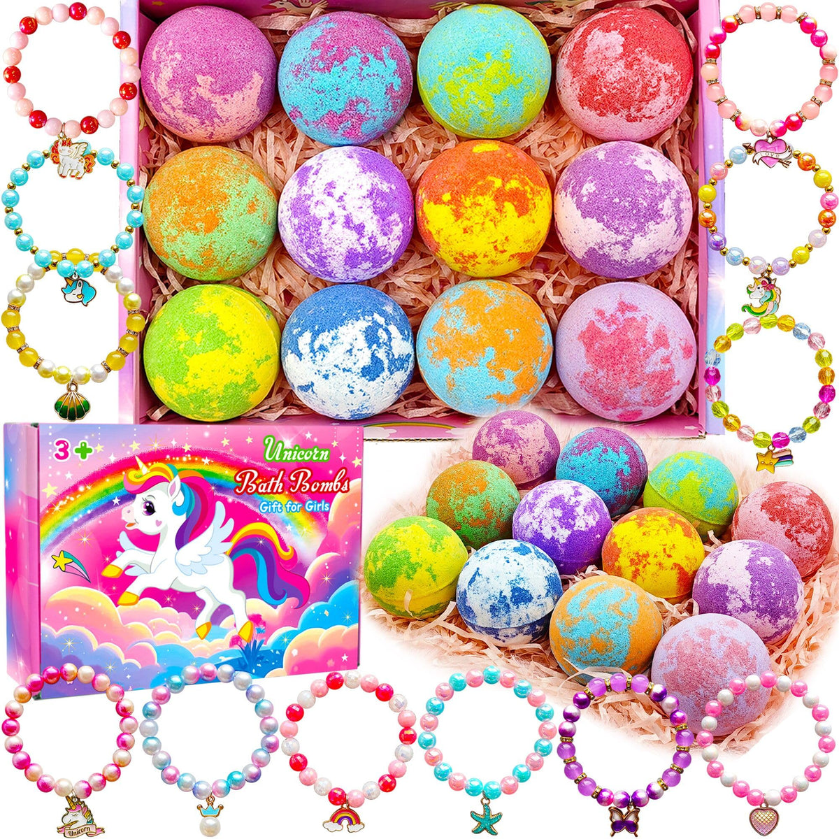 Unicorn Bath Bombs for Kids Girls set with surprise jewelry inside