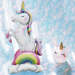 Self-stand unicorn foil balloon inflated with straw no helium