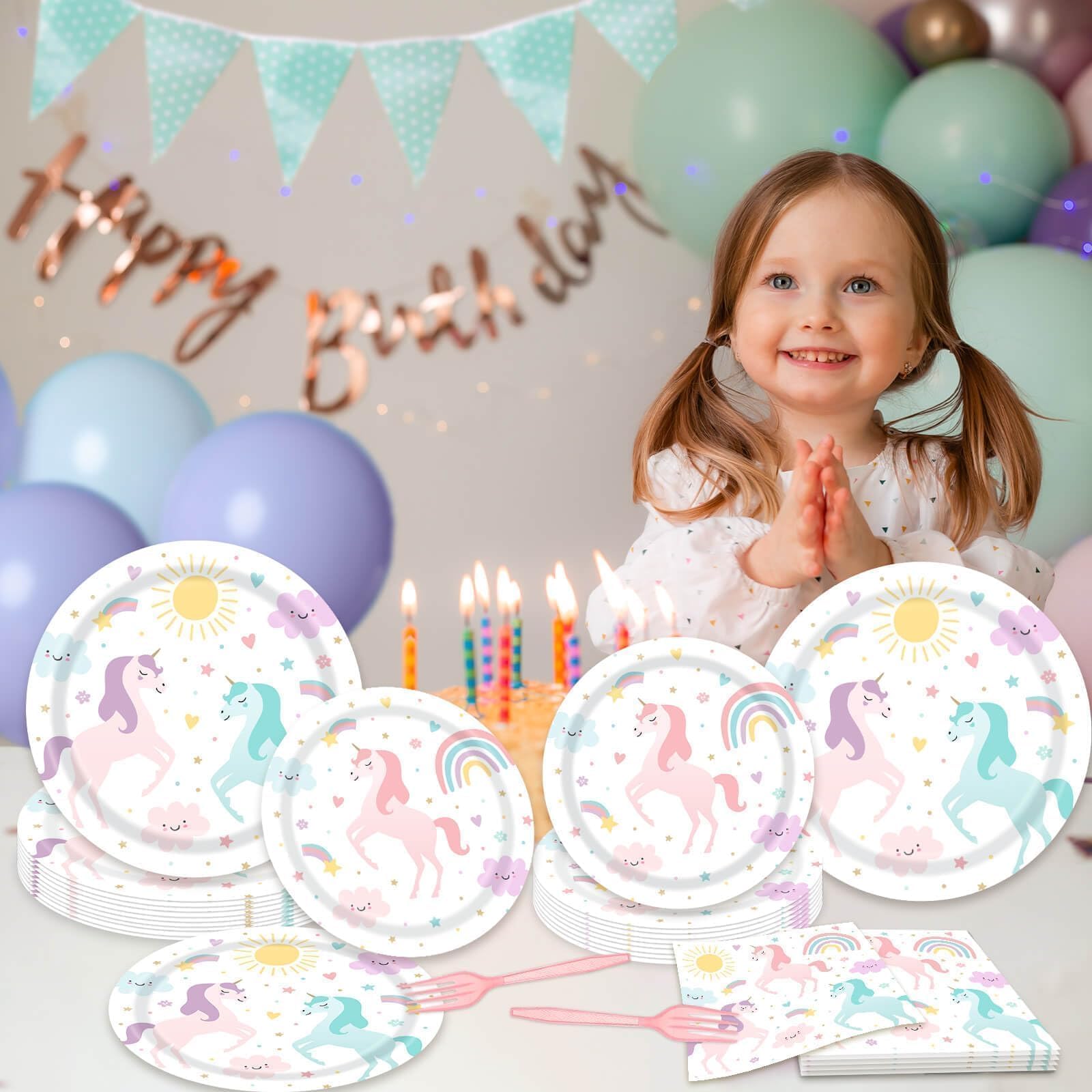 Rainbow unicorn themed tableware for girls birthday party