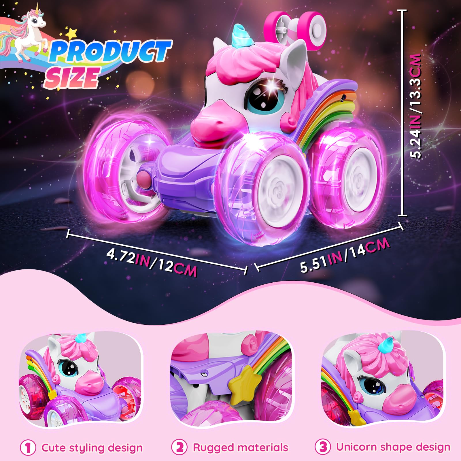 pink unicorn RC car featuring 360 rotation and upright driving