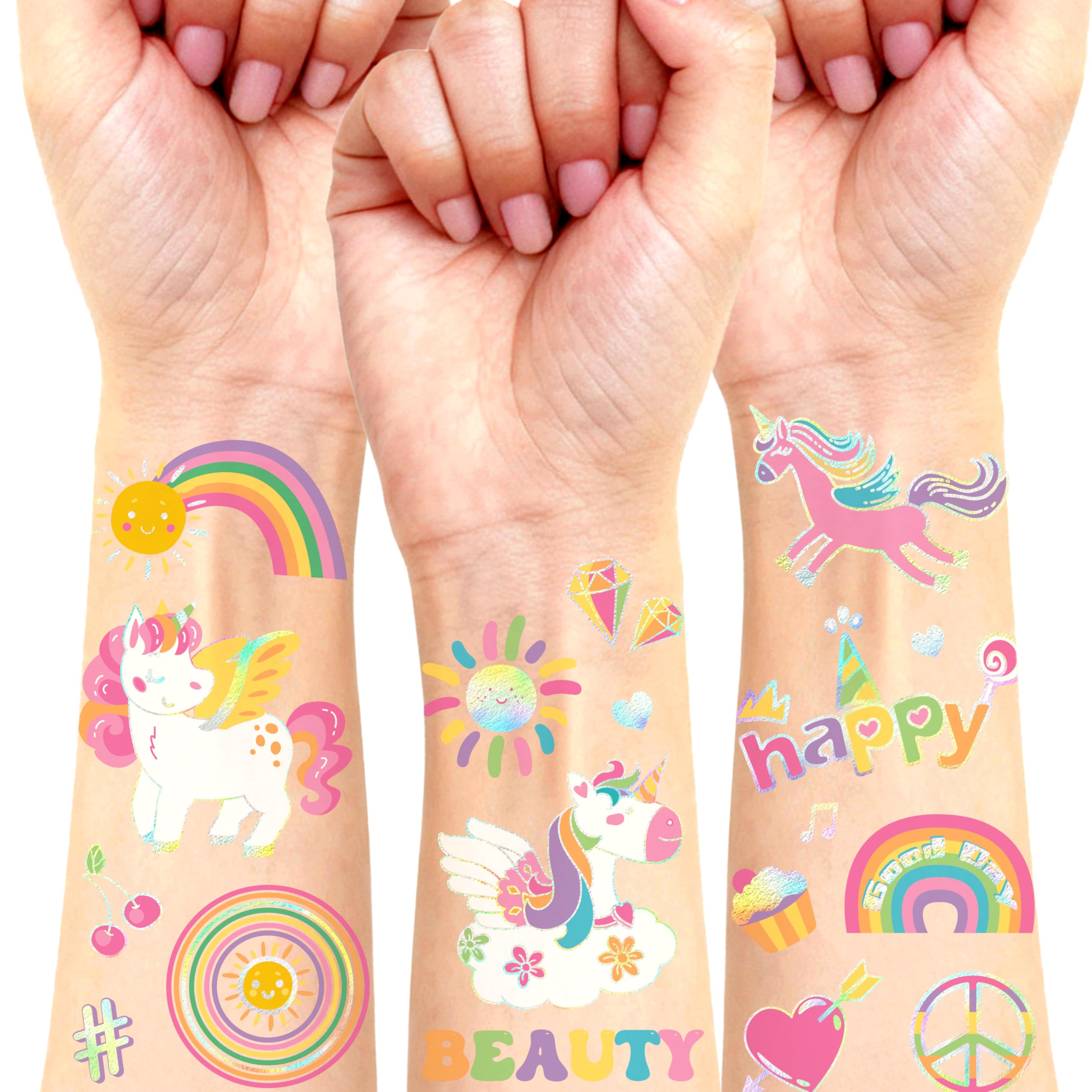 four sheets of unicorn rainbow glitter temporary tattoos