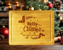 Close up of intricate Christmas-themed engraving on cutting board