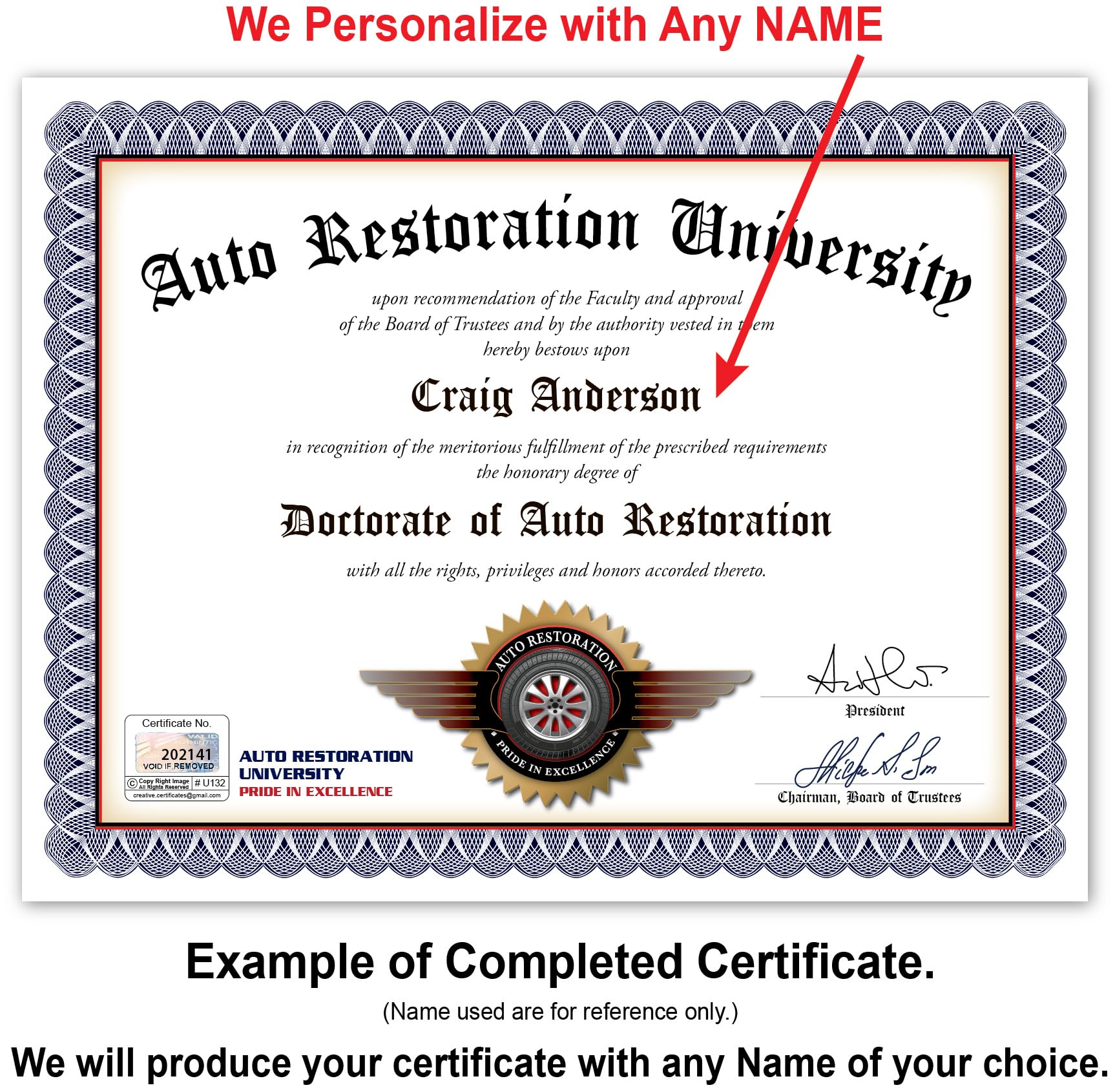 8.5 x 11 inch auto restoration certificate diploma