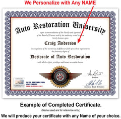 8.5 x 11 inch auto restoration certificate diploma