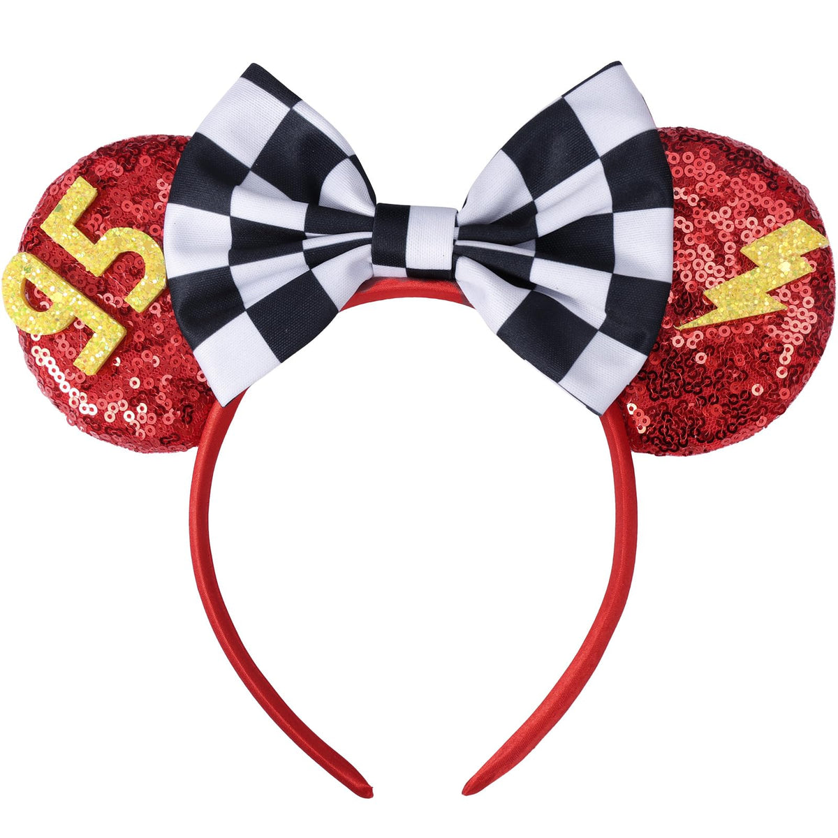 UNSPAZ mouse ears headband with Cars Ears red sequins and checkered bow