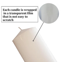 Paraffin wax unscented pillar candles wrapped in plastic film