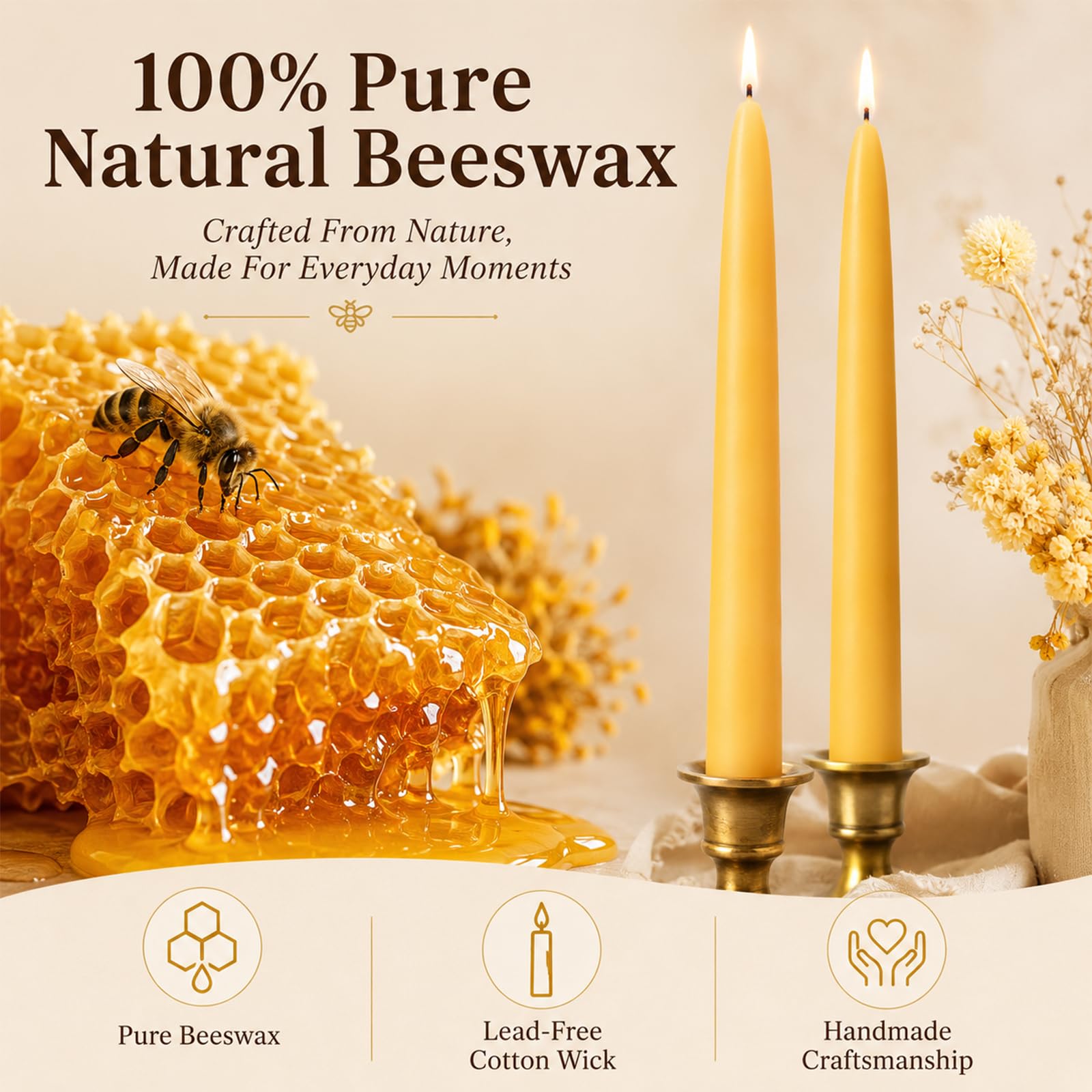 Unscented yellow beeswax taper candle 10 inch tall