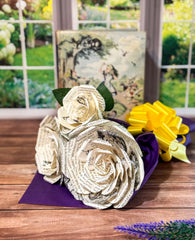 Upcycled literary classics bouquet made from damaged Lewis Carroll books closeup