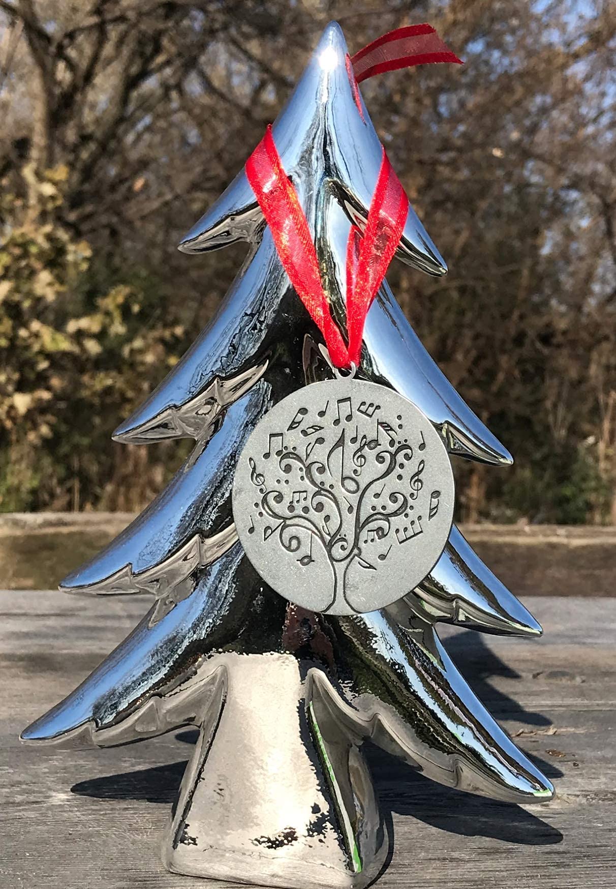 Upcycled pewter ornament USA crafted close up