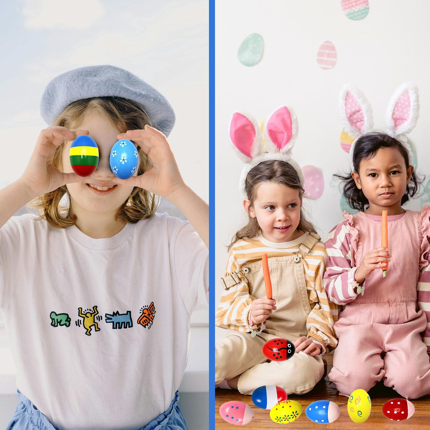 Safe wooden Easter egg shakers smooth surface for toddlers