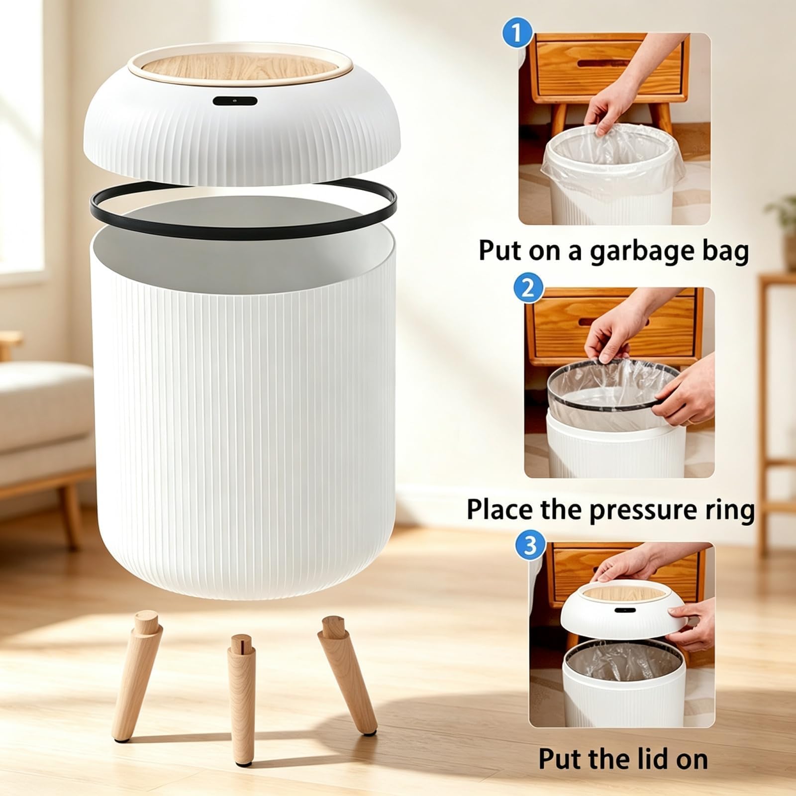 White finish URALFA 3 gal trash can placed in bathroom
