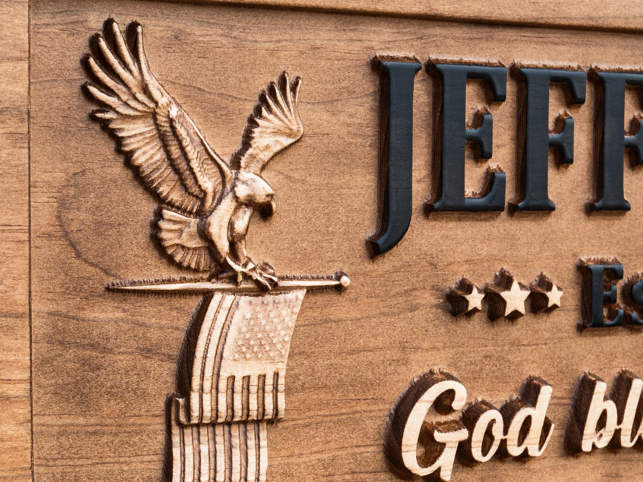 USA flag decor carved sign in pine