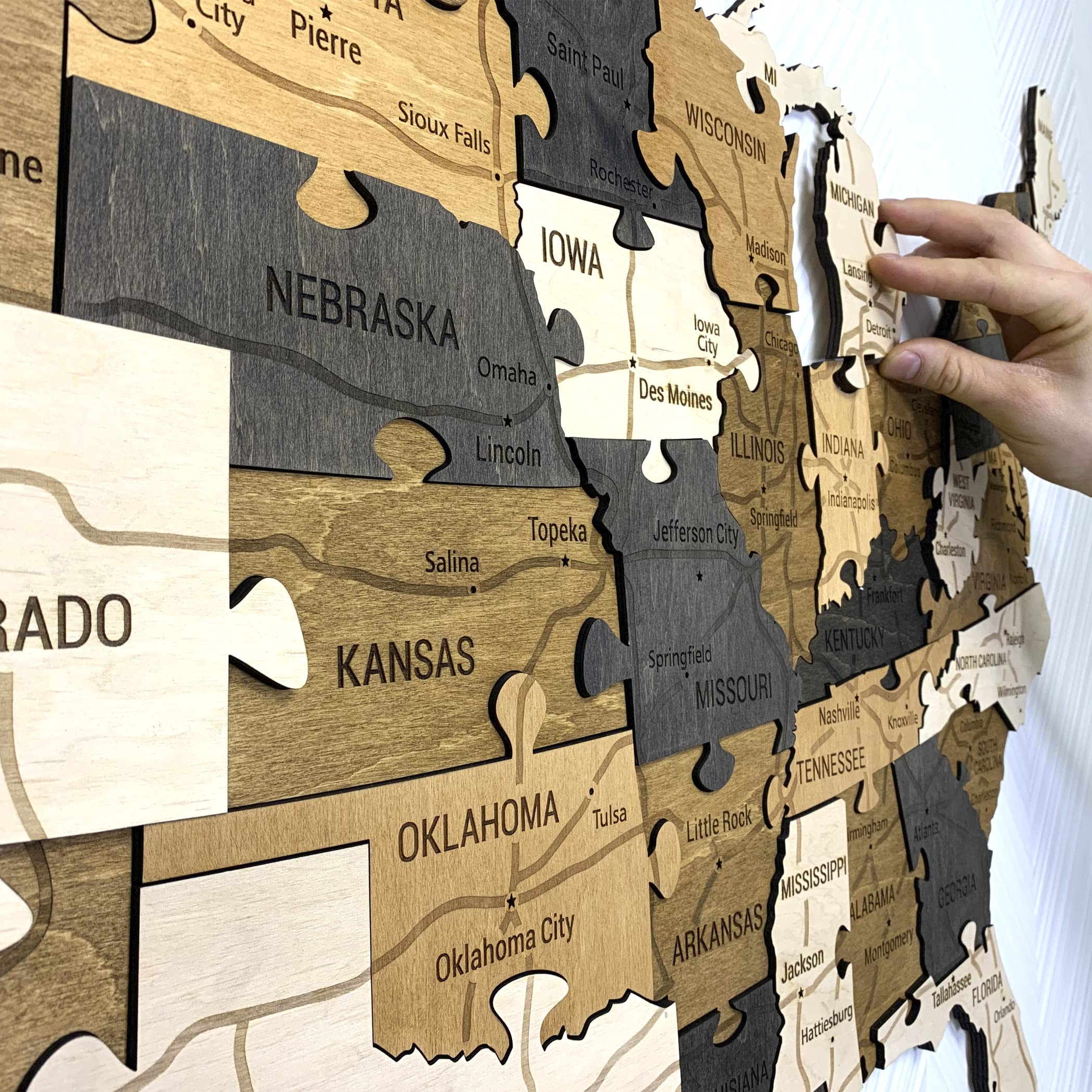 USA map puzzle wall art with roads and cities