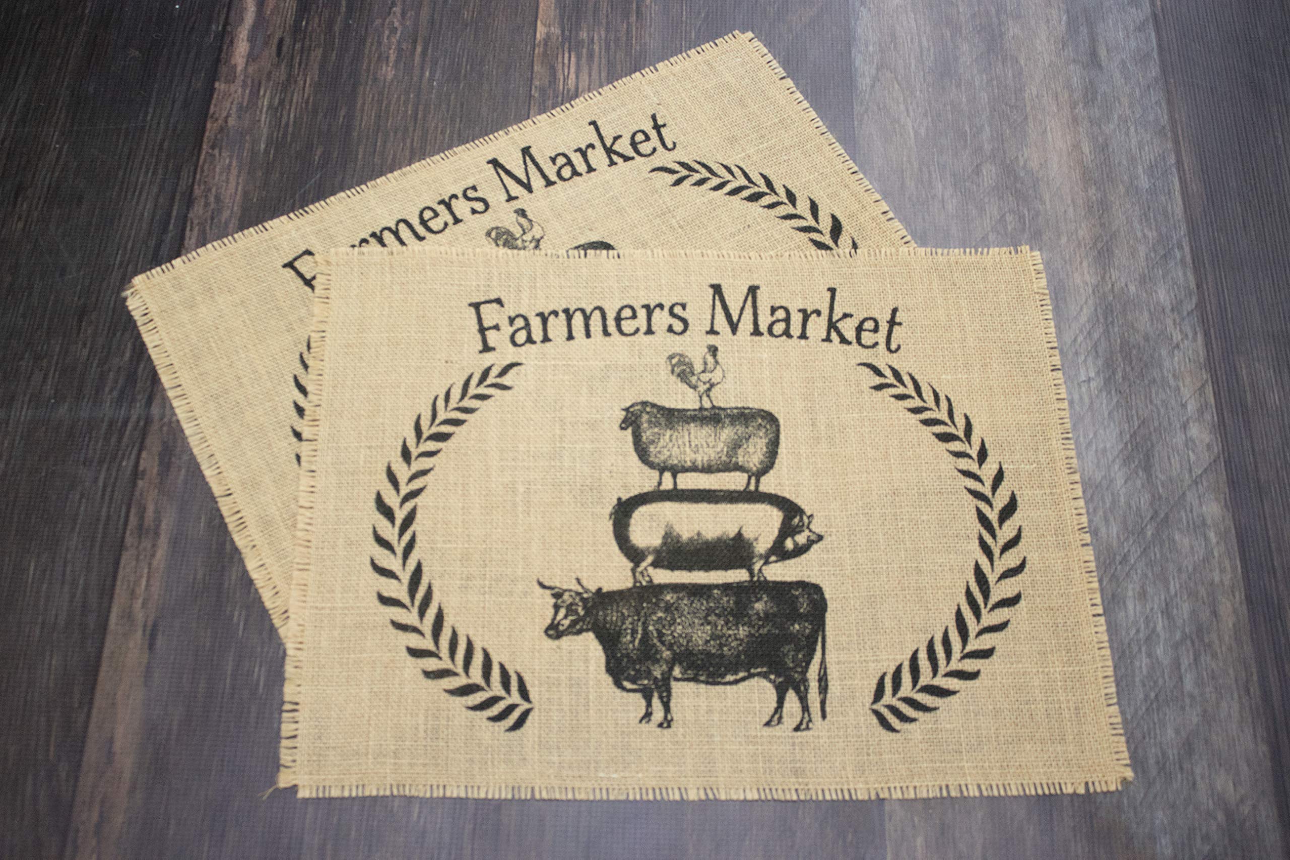 Farm animal print design featured on Farmers Market burlap placemats