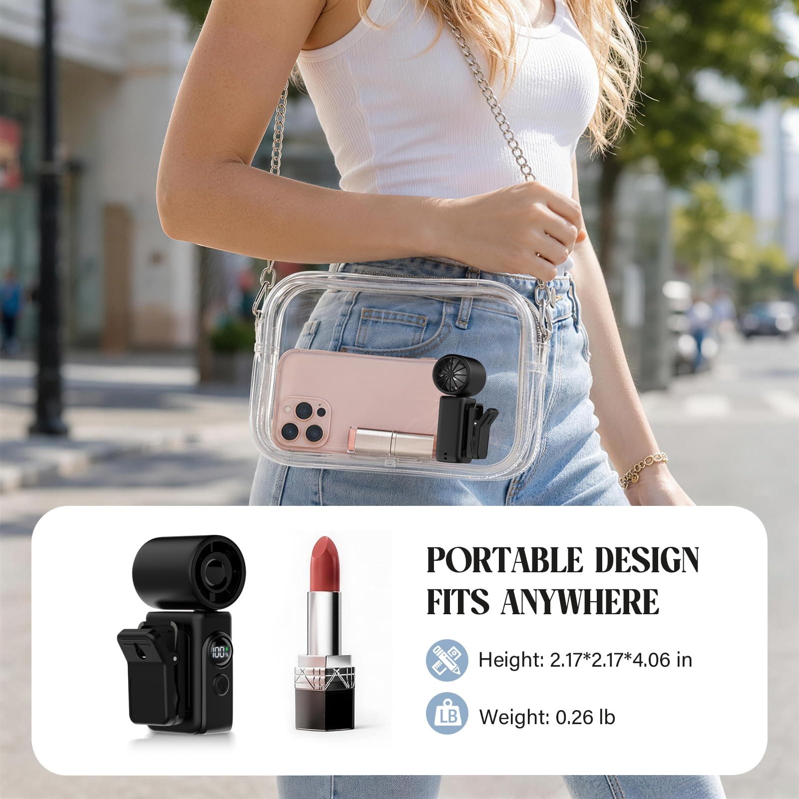 Compact clip-on fan for travel office and outdoor use
