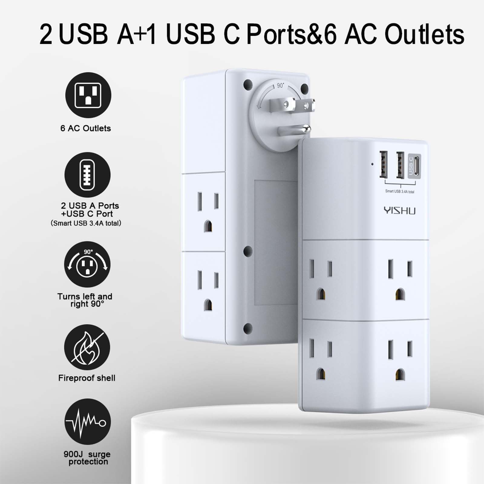 usb ports two usb-a and one usb-c on outlet extender