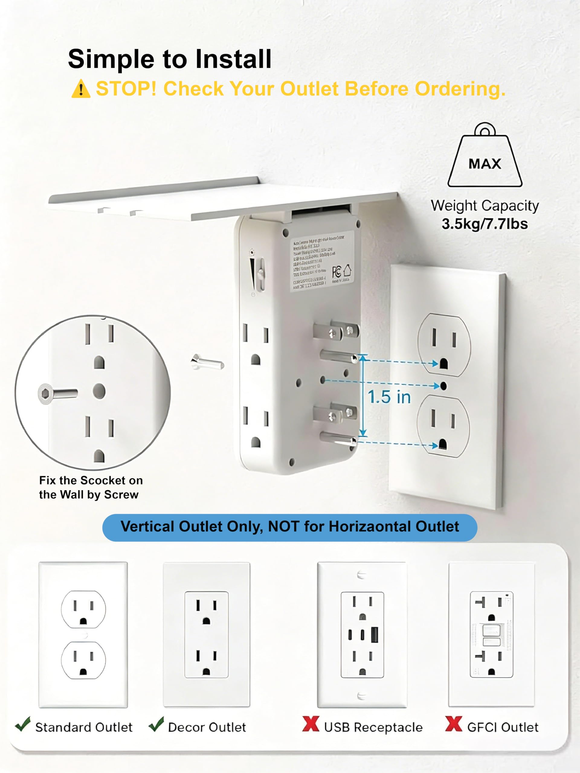 USB ports wall outlet extender shown with shelf and cable management